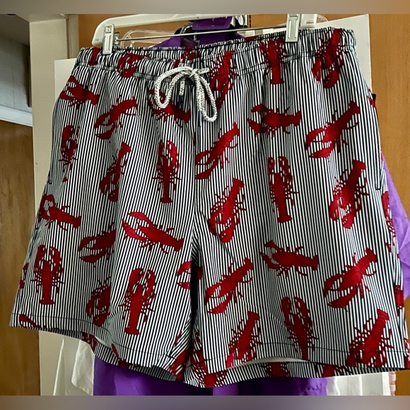 New Rainforest Men Swim Trunks Red Lobsters on Blue White Stripes size XL Summer - Picture 1 of 12